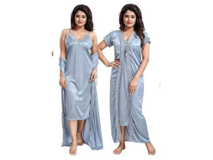 Two Dots Womens 2 Piece Sexy Satin Nighty/Nighty with Robe (Free Size)