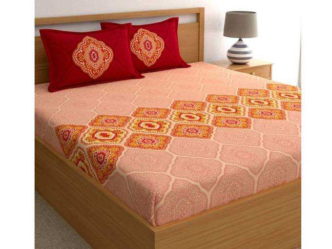 Amazon Brand - Solimo Vivid Stripes 144 TC 100% Cotton Double Bedsheet with 2 Pillow Covers, Mustard and Brown