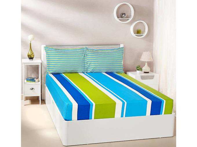 Amazon Brand - Solimo Mondrian Stripes 144 TC 100% Cotton Double Bedsheet with 2 Pillow Covers, Blue and Green