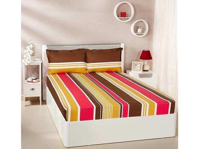 Amazon Brand - Solimo Vivid Stripes 144 TC 100% Cotton Double Bedsheet with 2 Pillow Covers, Mustard and Brown