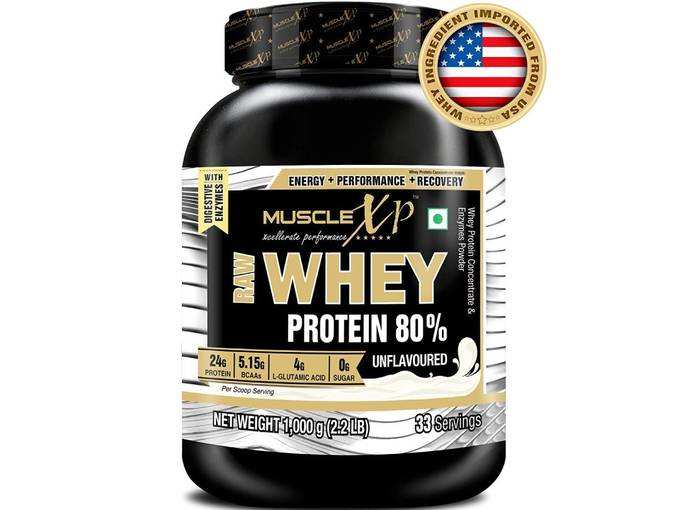 MuscleXP Raw Whey Protein Concentrate 80% Powder With Digestive Enzymes, Unflavored, 1Kg (2.2lb)