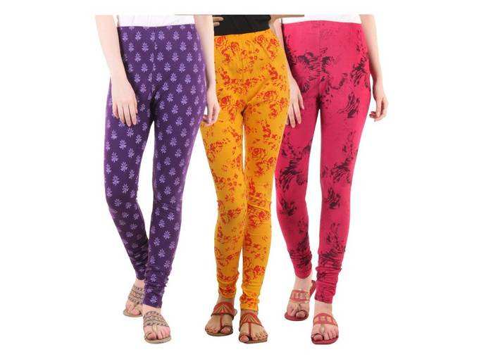 Fasha Women&#39;s Cotton Lycra Printed Leggings (Purple-Pink-Yellow, Free Size)