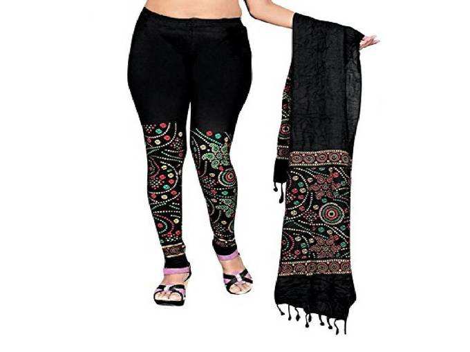 Outer Wear Womens Printed Leggins with Dupatta (Cotton, XX-Large) Black