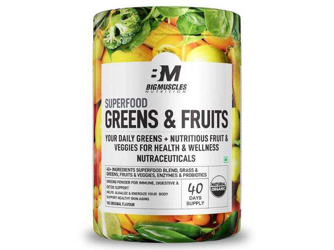 Bigmuscles Nutrition Superfood Greens &amp; Fruits 40 Servings | Original Flavour | Organic Spirulina &amp; Wheat Grass - Whole Food Vitamins...