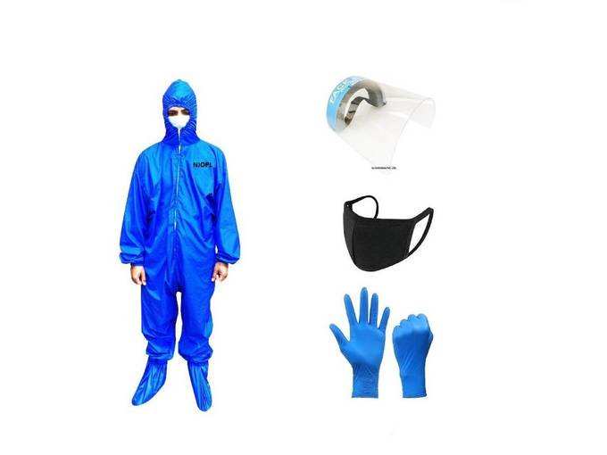 Washable PPE Coverall with shoe cover and Strong Face Shield 2 mm thickness (Size 12x9 Inches) ,100% water-repellent PPE kit, For dental Clinic,Security Guard,Housekeeping,Ground Staff,Airport Staff,Bank person,Delivery Boys for daily use BLUE: 5 items