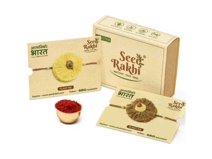 Seed Rakhi for Brother Eco-Friendly Rakshabandhan Rakhi Cotton Embroidery Thread Set of 2 with Roli Pack - Designer Rakhi Gift Set Box, Natural Plantable...
