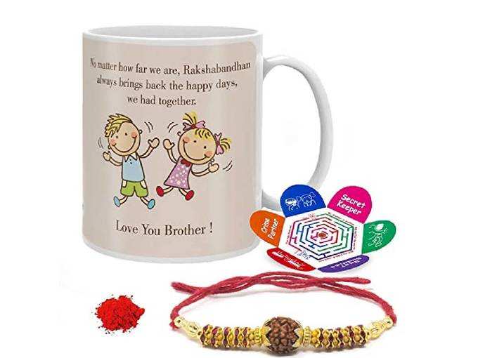 Indigifts Raksha Bandhan Gift Set Of Mug 330 Ml, Crystal Rakhi For Brother, Roli, Chawal &amp; Greeting Card