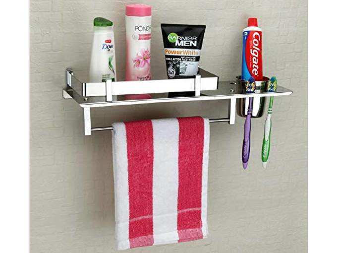 Plantex Stainless Steel 3 in 1 Multipurpose Bathroom Shelf/Rack/Towel Hanger/Tumbler Holder/Bathroom Accessories (15 x 6 Inches) - Pack of 1