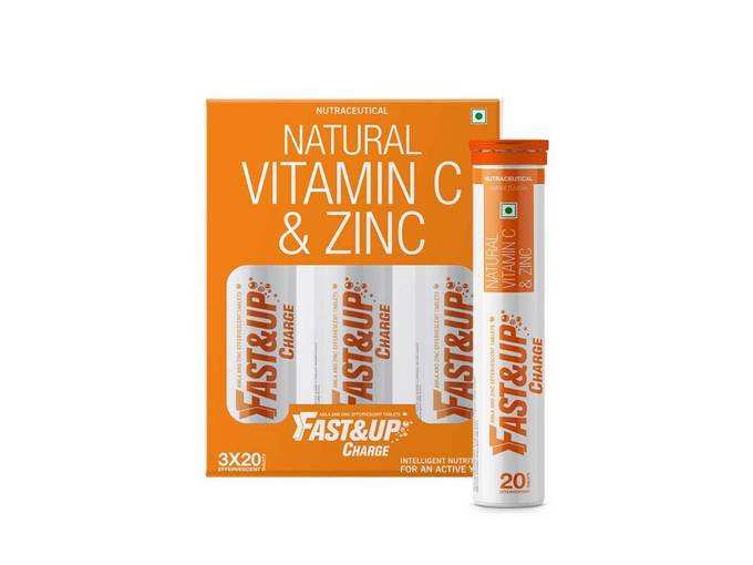 Fast&amp;Up Charge - Vitamin C antioxidant 1000 mg - Natural Amla for Immunity - 60 Effervescent Tablets - Orange flavour