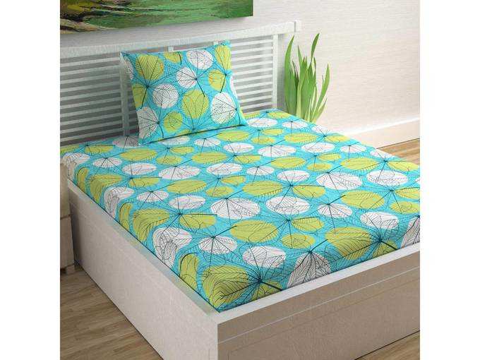 Divine Casa Sense Cotton 104 TC Single Bedsheet with Pillow Cover - Floral, Turquoise Blue