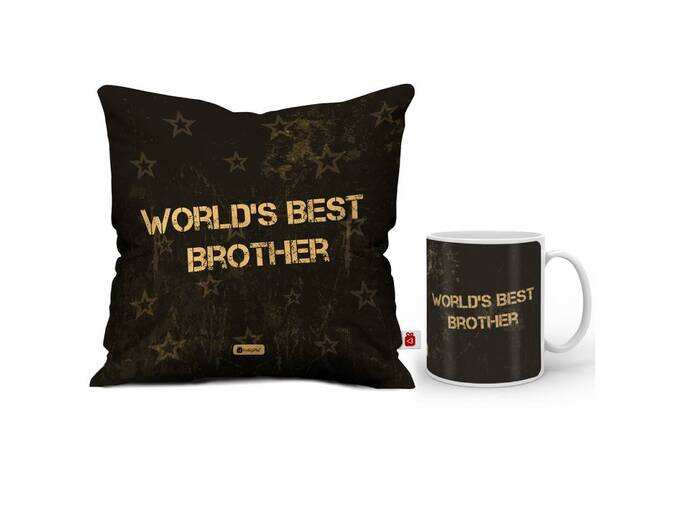 Indigifts Rakhi Gifts for Brother World Best Bro Quote Coffee Mug 330 ml &amp; Cushion Cover 12x12 inch with Filler - Rakshabandhan Gifts for Brother,...