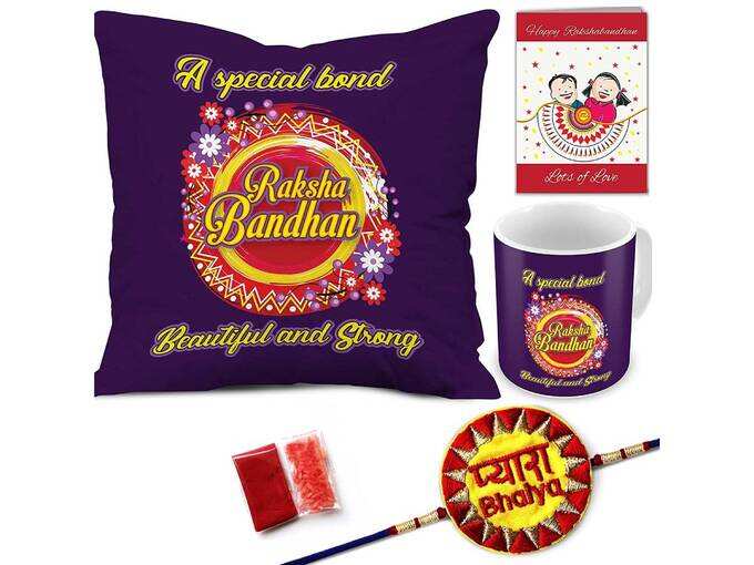 Indigifts Rakhi Gifts for Brother Pyara Bhaiya with Roli, Rakshabandhan Greeting Card &amp; Beautiful &amp; Strong Bond Happy Rakshabandhan Violet Printed 12x12 Cushion with Filler &amp; Best Quality Ceramic Mug Perfect Gift Combo for Brother Bhaiya