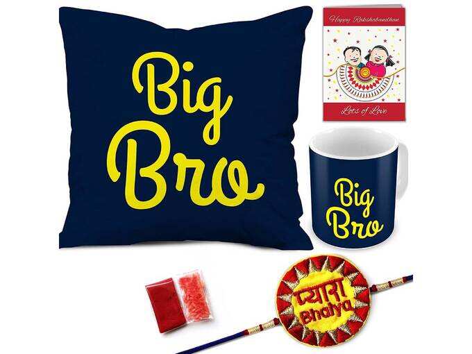 Indigifts Rakhi Gifts for Brother Pyara Bhaiya with Roli, Rakshabandhan Greeting Card &amp; Big Bro Blue Printed 12x12 Cushion with Filler &amp; Best Quality Ceramic Mug Combo for Brother Bhaiya