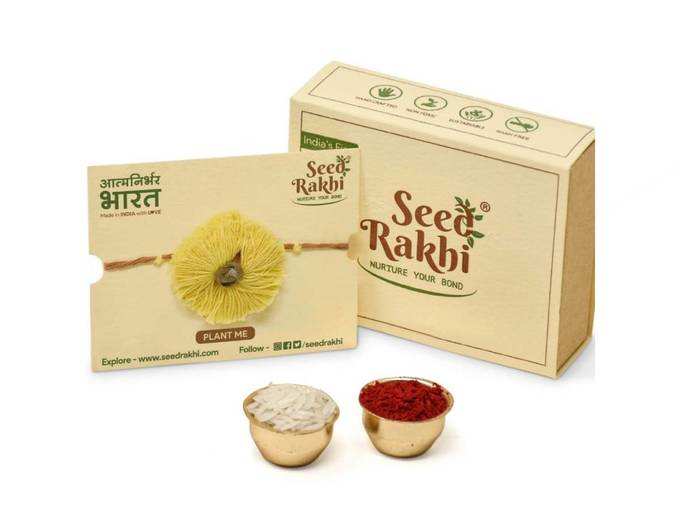 Seed Rakhi for Brother - Eco-Friendly Rakshabandhan Rakhi Cotton Embroidery Thread with Roli Pack - Designer Plantable Rakhi Gift Set Box, Natural Seed...