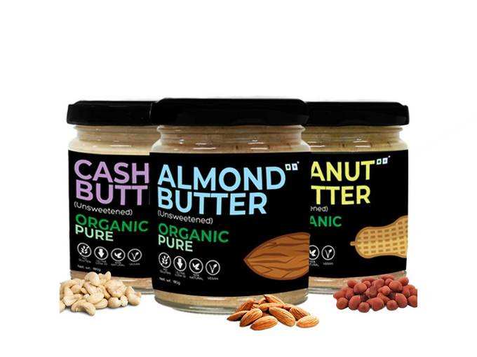 d alive Organic Pure Peanut Butter, Cashew Butter, Almond Butter (Unsweetened), 180g Each, Packed in 3 Glass Jars, Total 540g