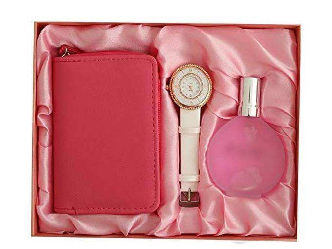 Aica Gifts White Analogue Round Dial Women&#39;s Watch, Perfume and Wallet Set