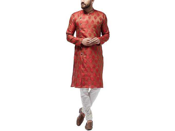 Sojanya (Since 1958) Men&#39;s Jacquard Silk Kurta &amp; Churidar Pyjama SET