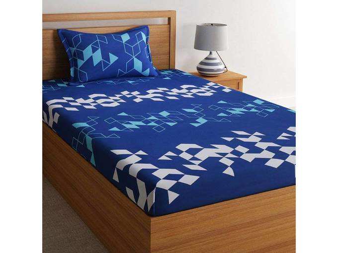 Dreamscape 144 TC Cotton 1 Bedsheet and 1 Pillow Cover, Geometric, Single, Blue