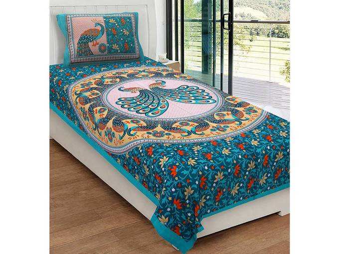 RajasthaniKart® Comfort Rajasthani Jaipuri Traditional Sanganeri Print 144 TC 100% Cotton Single Bedsheet with 1 Pillow Covers
