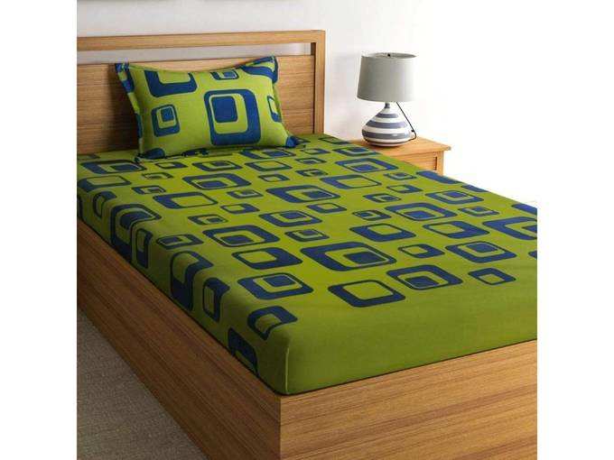 Home Ecstasy 100% Cotton bedsheets for Single Bed Cotton, 140tc Geometric Green Single bedsheet with Pillow Cover (4.8ft x 7.3ft)
