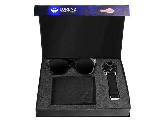 LORENZ Combo of Black Mens Wallet, Sunglasses & Watch | Choose Any one | Brown Wallet, Army Design Wallet, Blue Wallet or Black Wallet