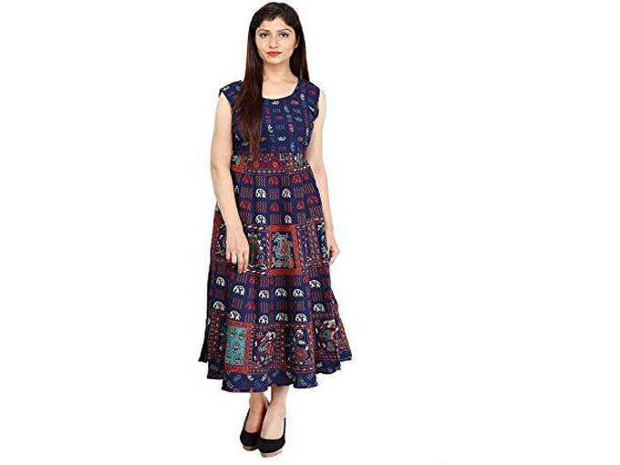 fashiongrape Cotton Women&#39;s Maxi Long Semi-Stitched Fabric Jaipuri Printed - Free Size,Navy Blue