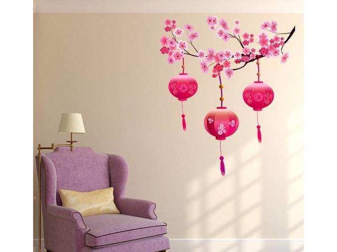 Decals Design Chinese Lamps Lantern on Floral Branch Wall Sticker (PVC Vinyl, 90 cm x 60 cm, Multicolour)