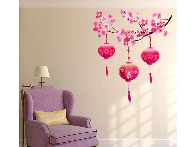 Decals Design &#39;Chinese Lamps Lantern on Floral Branch&#39; Wall Sticker (PVC Vinyl, 90 cm x 60 cm, Multicolour)