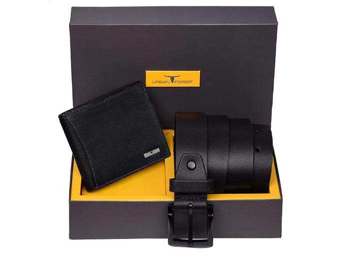 Urban Forest Brian Black Leather Wallet &amp; Black Casual Belt Combo Gift Set for Men