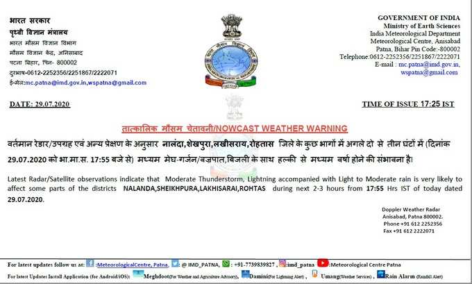 नालंदा, शेखपुरा, लखीसराय सहित इस जिले के मौसम विभाग ने जारी की चेतावनी, अलर्ट यहां देखें