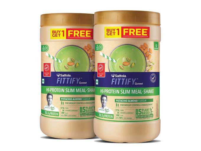 Saffola FITTIFY Gourmet HI PROTEIN SLIM MEAL-SHAKE Pistachio &amp; Almond Buy 1 Get 1 Free 420 gm (12 servings)