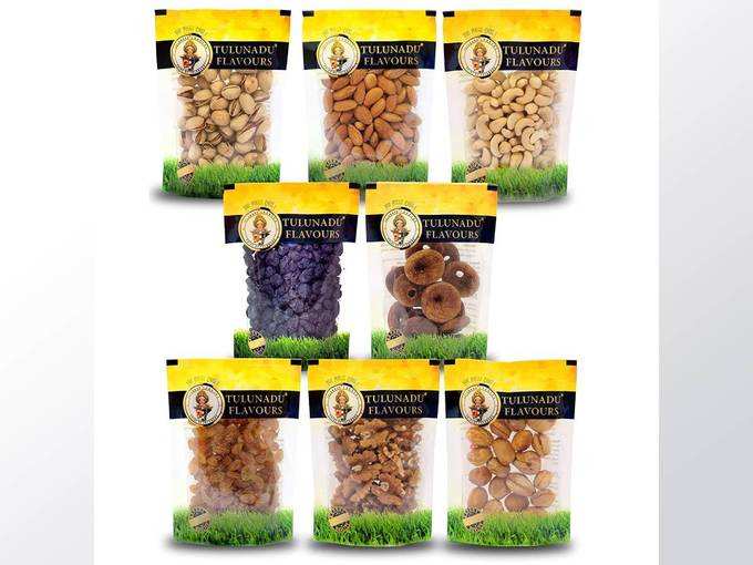 Tulunadu Flavours Dry Fruits Combo Pack 800gms, Cashew nut, Black Raisins, Golden Raisins, Almonds, Pista, Walnut, Afghani Apricot, Anjeer