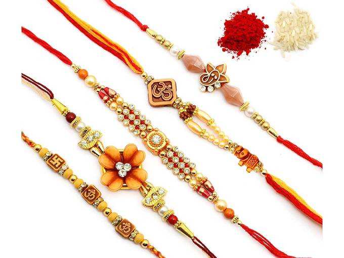 FESTIVE CREATIONS PRESENTS MULTICOLOUR COMBO OF 5 DESIGNER DORA RAKHI FOR BROTHER WITH A PACK OF 1 ROLI CHAWAL