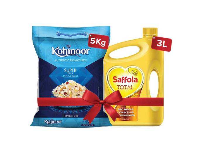 Saffola Total-Pro Heart Conscious Edible Oil , 3 L and Kohinoor Super Value Basmati Rice 5 kg