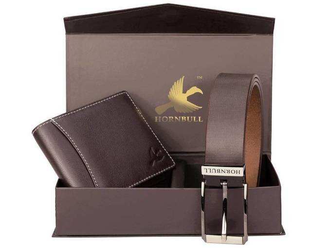 HORNBULL Mens Leather Wallet and Belt Combo(BW4595_Brown)