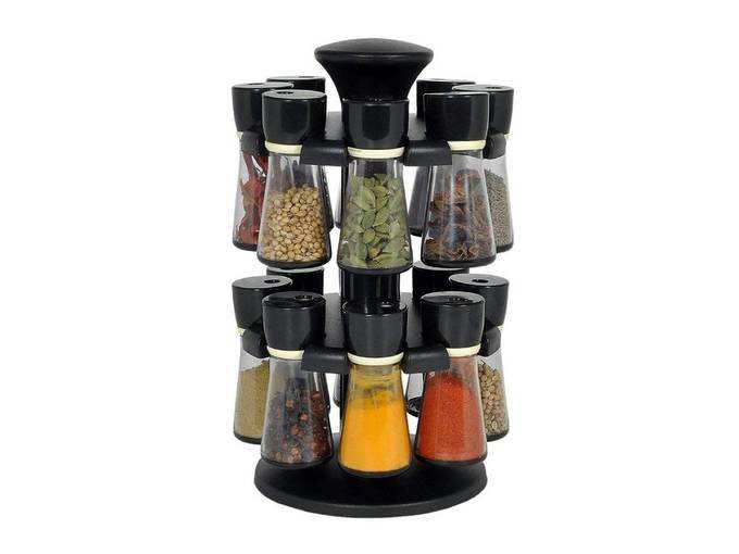 Machak Premium 16 Piece Multipurpose Revolving Plastic Spice Rack Storage Jar Condiment Set (Black), 100 ml