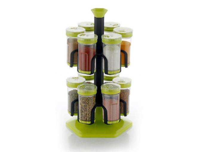 Yellow Leaf Products 12 Jar Multipurpose Revolving Plastic Spice Rack, 12 Piece Condiment Set 125 ml Round Shap Spice Rack, Spice Rack Container (Parrot Green)