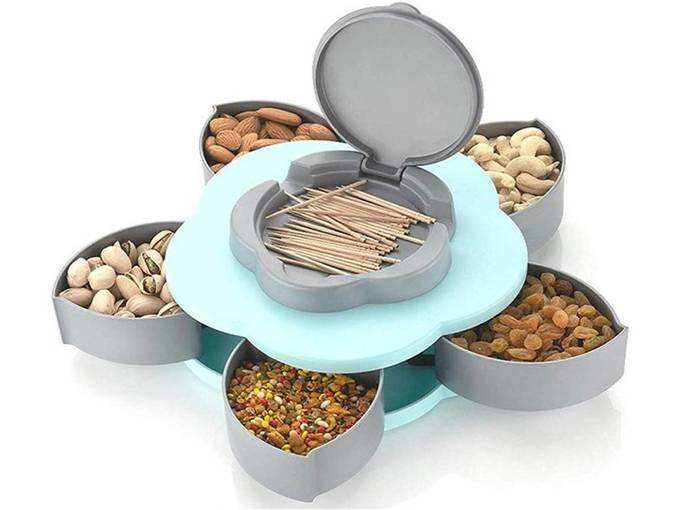 TWENOZ Compartments Flower Candy Box Serving Rotating Tray Dry Fruit, Candy, Chocolate, Snacks Storage Box, Masala Box for Home Kitchen (Multi-Color)