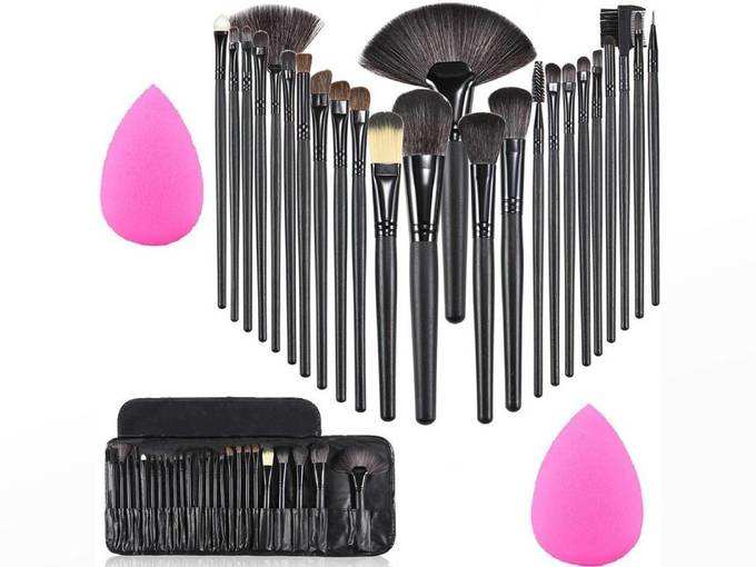 MISS & MAM Professional Wood Make Up Brushes Sets With Leather Storage Pouch - 24 Pc (HANDLE COLOUR MAY VARY) + 2 SPONGE PUFF (COLOUR MAY VARY)