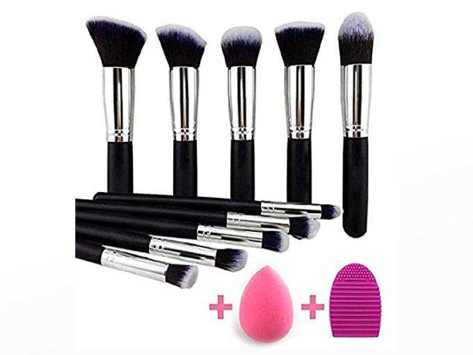 KYLIE Makeup Brushes Set Premium Synthetic Kabuki Foundation Face Powder Blush Eyeshadow Brush Makeup Brush Kit with Blender Sponge and Brush Cleaner (10pcs,Black/Silver)