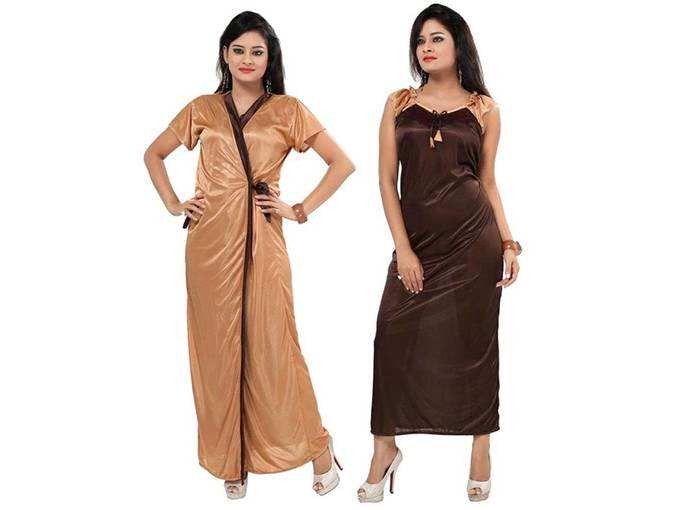 Fabme Womens Satin Nighty, Free Size, Fits Till Bust (32 to 42 inches)