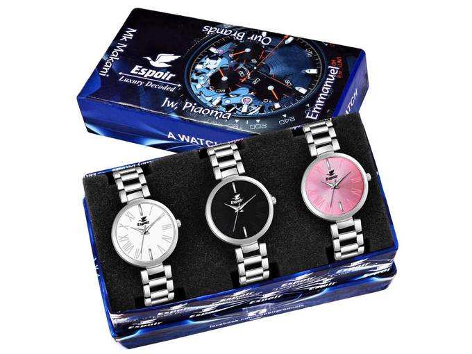 Espoir Analog Stainless Steel Combo Pack of 3 Multi Colour Dial Girls and Womens Watch - Manisha Combo White Pink Black