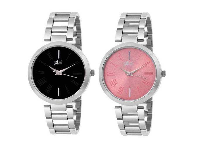 Acnos Black and Pink Dial Steel Strap Analogue Watches Combo for Girls and Womens Pack of - 2(JL-Black-Pink DIAL)