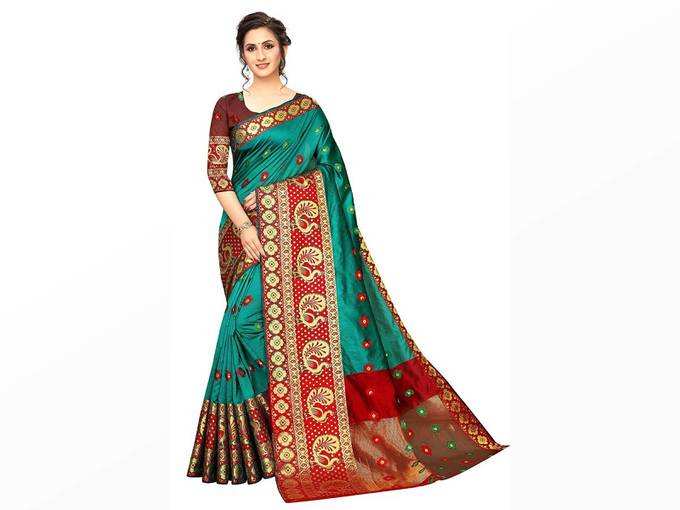 Womens Banarasi Cotton Silk Saree With Blouse Piece