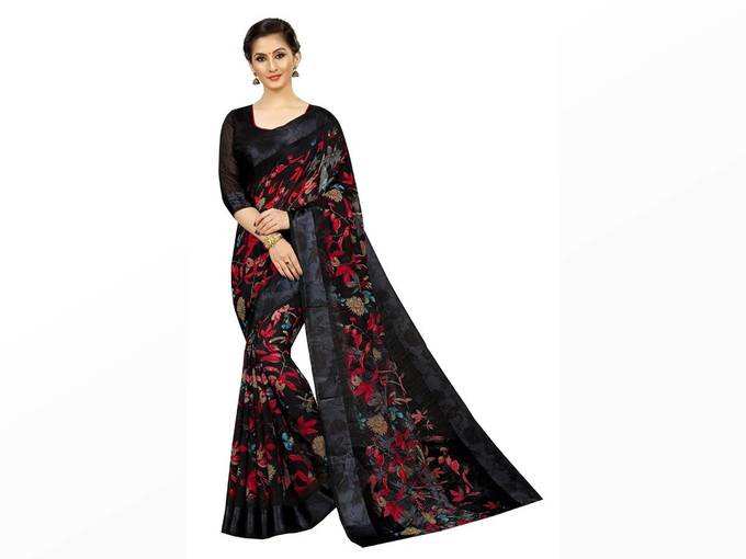 PERFECTBLUE Womens Digital Linen Saree with Unstitched Blouse Piece (DiGiDark)