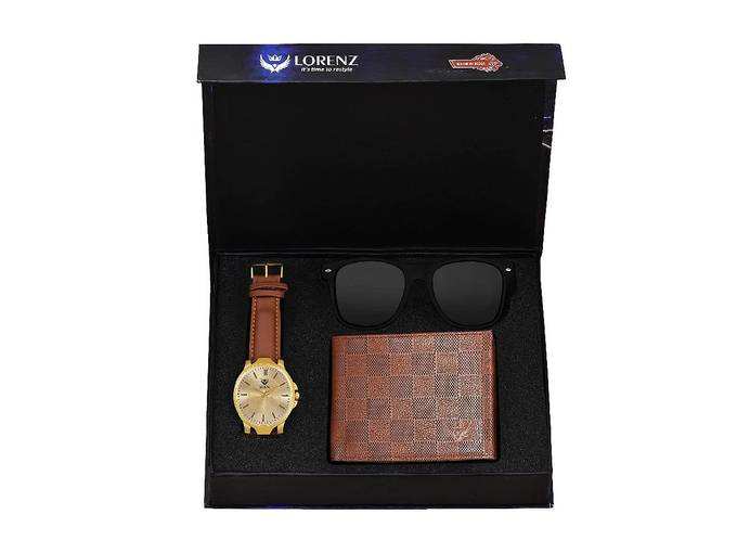 Lorenz Combo of Men&#39;s Golden Dial Watch, Brown Wallet &amp; Wayfarer Sunglasses | CM-305SN1-WL-38