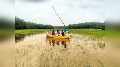 മഴ കനത്തപ്പോള്‍ റോഡ് തോടായി; ഗതാഗതത്തിനായി തോണിയിറക്കി യുവാക്കള്‍