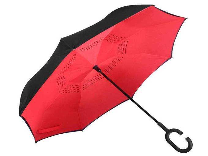 DS Enterprise Double Layer Inverted Reversible No Drip Umbrella with C Shape Handle (Red)