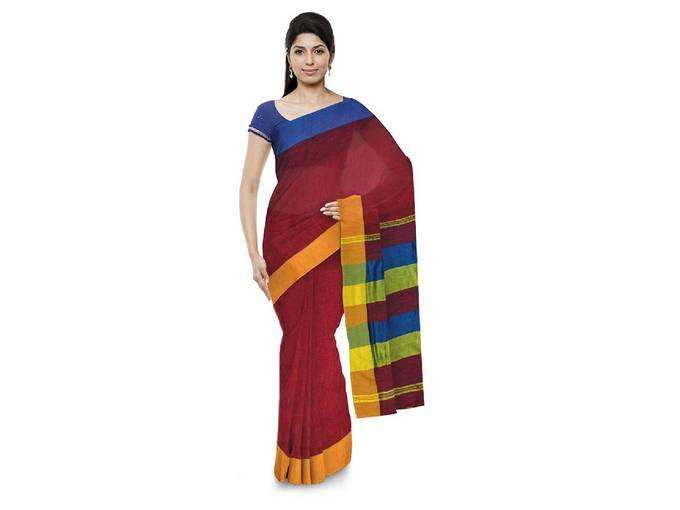 KAR SWADESHI BHANDAAR Tant Handloom Women&#39;s Khadi Cotton Saree (Maroon