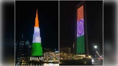भारतीय स्वतंत्रता दिवस पर तिरंगे के रंग में रंगा UAE का बुर्ज खलीफा